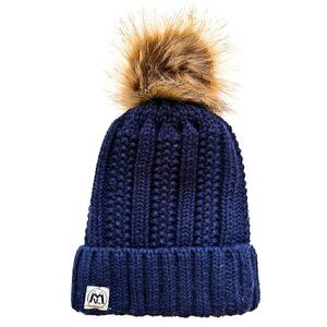 Mountain Vibez Navy Blue Knit Pom Beanie - Faux Fur Pom, Chunky Winter Hat